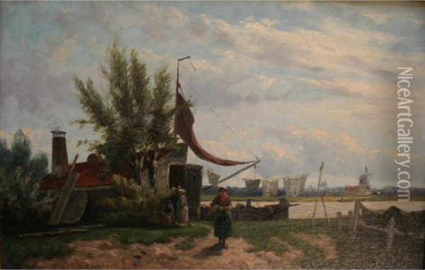 Figures By A Fisherman's Hut In A River Landscape Oil Painting - Johannes Hermann Barend Koekkoek