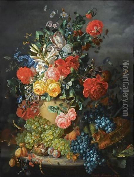 A Flower Still Life With Grapes Oil Painting - Amalie Kaercher