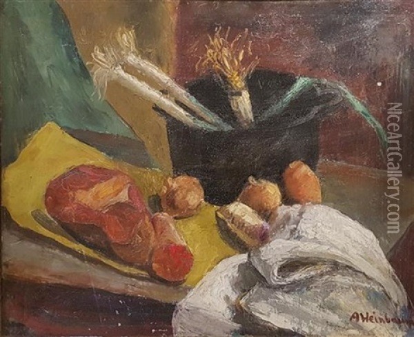 Still Life On Table With Vegetables And Meat Oil Painting - Abraham Weinbaum