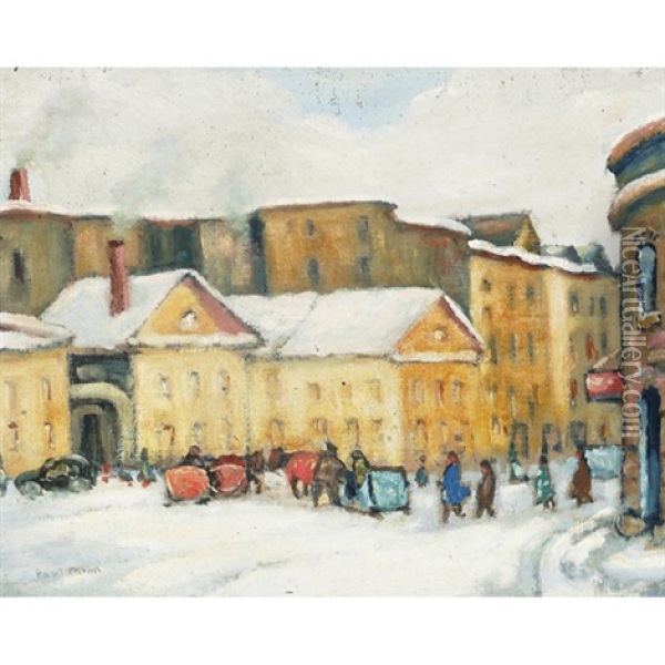 Town Square, Winter Oil Painting - Paul Archibald Octave Caron