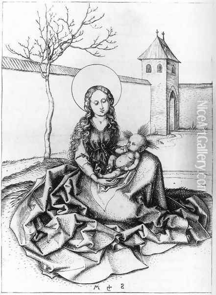 Madonna and Child in the Couryard c. 1480 Oil Painting - Martin Schongauer