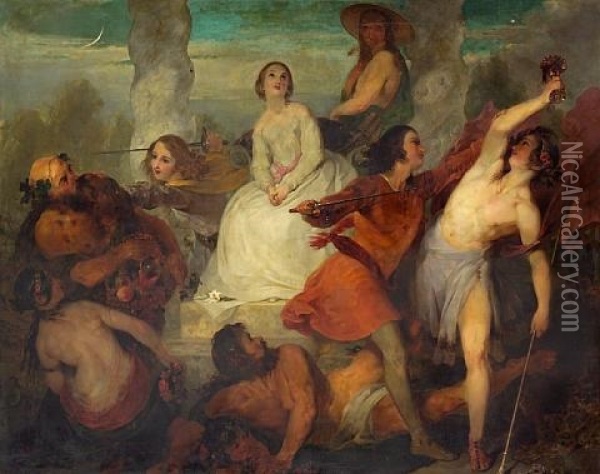 A Bacchanalian Scene With Virtue Defended Oil Painting - Francis Philip Stephanoff