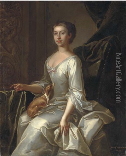 Portrait Of Lady Raymond Of Abbot's Langley, Seated, In An Oyster Satin Dress, With A Toy Terrier In Her Lap, A Plaster Relief And Green Curtain Beyond Oil Painting - Jeremiah Davison