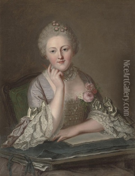 Portrait Of A Lady At A Table Holding A Pen In Her Right-hand Oil Painting - Carle van Loo