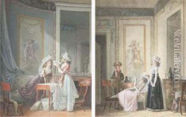 Une Femme Lisant Une Lettre Devant Une Amie Dans Un Interieurdirectoire Oil Painting - Jean-Baptiste Mallet