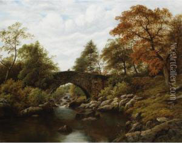 Cattle Drover Crossing A Stone Bridge Oil Painting - Thomas Spinks