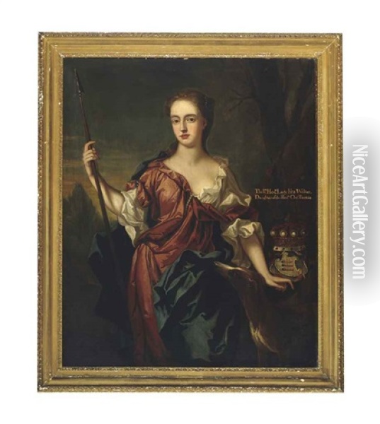 Portrait Of Elizabeth, Lady Fitzwalter,  In The Guise Of Diana, In A Rust Dress And White Chemise, With A Blue Wrap, A Spear In Her Right Hand, With A Hound In A Landscape Oil Painting - John Closterman