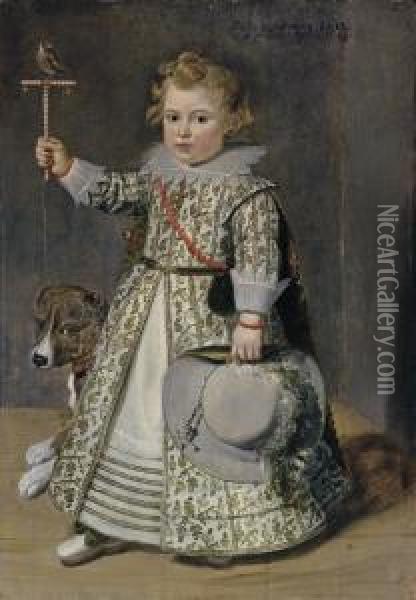 Portrait Of Boy Aged Two, 
Full-length, In A White Embroidered Dress Decorated With Acorns, Holding
 A Perch With A Finch In His Right Hand, With A Dog Oil Painting - Cornelis De Vos