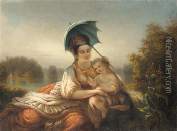Young Mother And Child Oil Painting - Mikhail Mikhailovich Zelensky