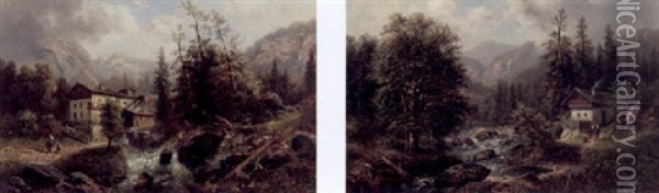 Hochgebirgslandschaft Mit Figuren Und Hausern An Einem Bergbach Oil Painting - Gustav Barbarini