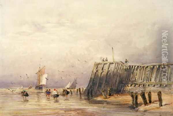 Seascape with Sailing Barges and Figures Wading Off-Shore, 1832 Oil Painting - David Cox