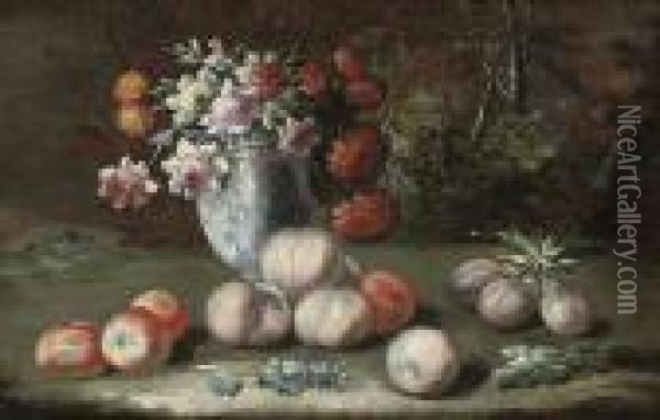 Chrysanthemums In A China Vase, With Apples, Peaches And Plums, Ina Landscape Oil Painting - Gasparo Lopez