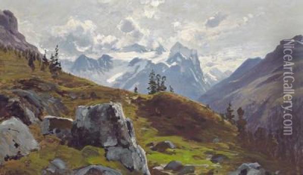 Engstlenalp Mit Blick Auf Das Wetterhorn Oil Painting - Ascan Lutteroth