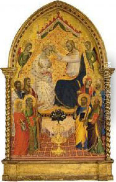 Coronation Of The Virgin, With 
Saints Catherine, Matthew, John The Baptist, Peter, Paul, A Bishop Saint
 (nicholas Of Bari?) And A Martyred Female Saint Oil Painting - Master Of The Misericordia