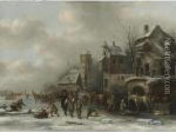 Winter Landscape With Two Gentleman And Peasants On A Frozen River By A Village Oil Painting - Claes Molenaar (see Molenaer)