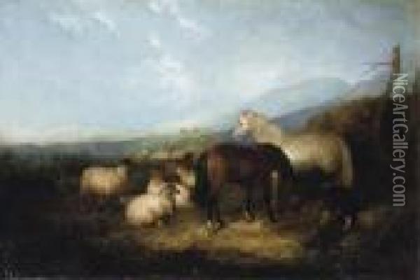 Horses With A Flock Of Sheep Oil Painting - Robert Watson