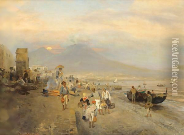 View Of Naples, Sunset Oil Painting - Oswald Achenbach