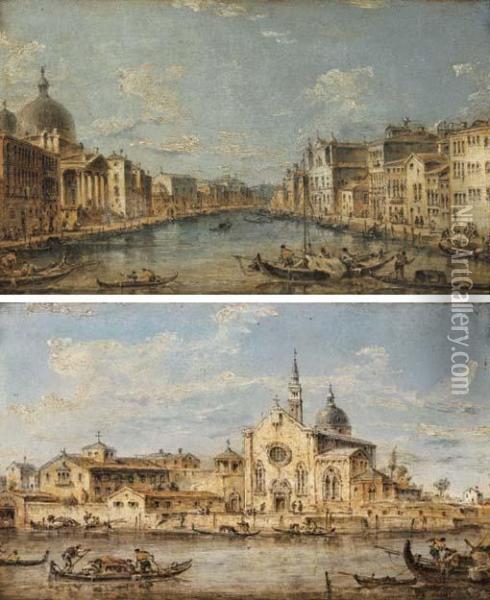 Venice, The Grand Canal With San
 Simeone Piccolo Facing Santa Luciaand The Scalzi; And The Island Of 
Sant'elena Oil Painting - Giacomo Guardi