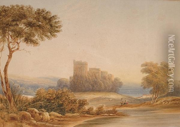 A Castle By A River, Probably Chepstow Oil Painting - Anthony Vandyke Copley Fielding
