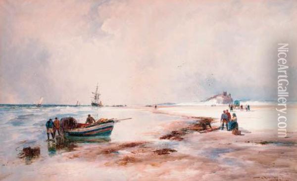 A Wreck Ashore, Bamborough Oil Painting - Thomas Bush Hardy