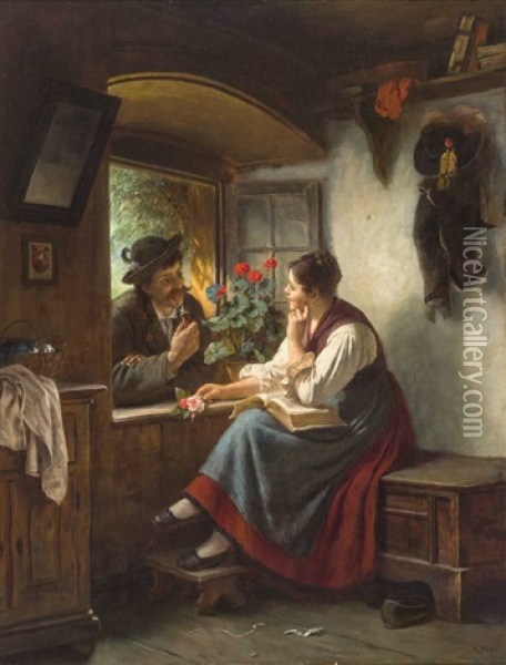 Schwarzwalder Stube Mit Tandelndem Paar Am Fenster Oil Painting - Rudolf Epp
