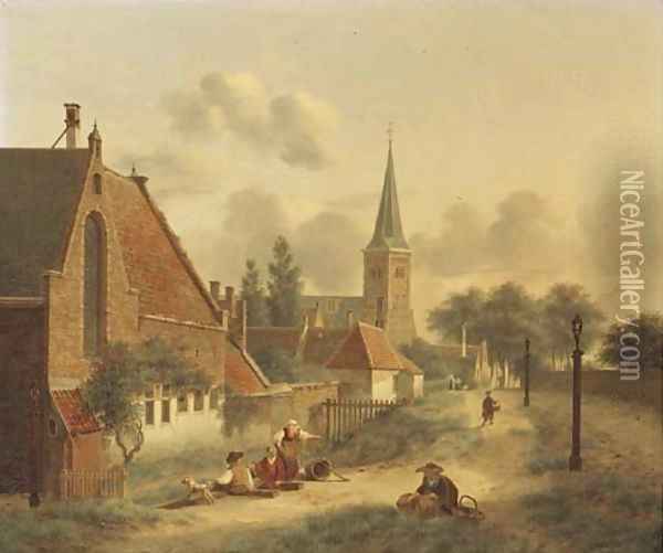 Figures by the city wall of Utrecht, the Geertekerk in the distance Oil Painting - Jan Hendrik Verheijen