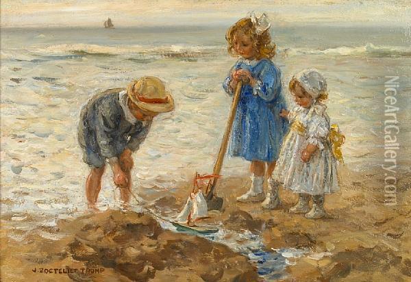 Children Playing Along The Seashore Oil Painting - Jan Zoetelief Tromp
