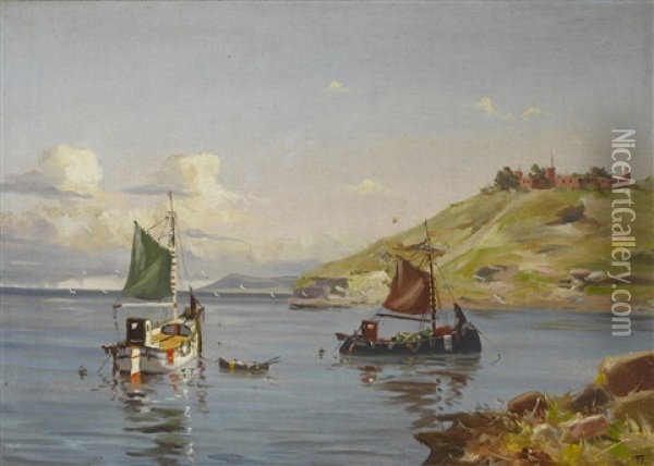 Harbor Scene Off A Castle Oil Painting - Thomas Jacques Somerscales