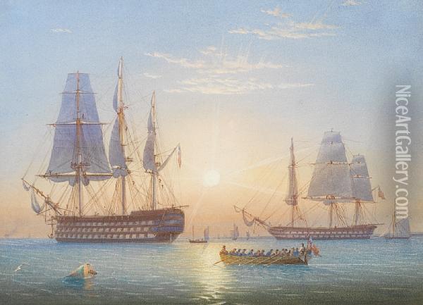 Queen 
 (captain F.t. Mitchell)and 
Cumberland 
 (captain G. Seymour) Off Spithead Oil Painting - William Joy