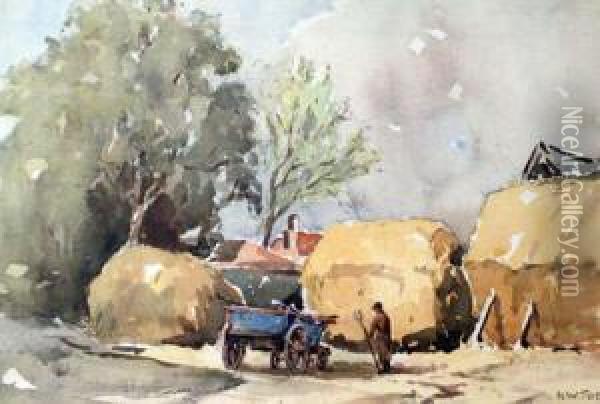 Haystacks With A Figure In Theforeground Oil Painting - Herbert William Wagner