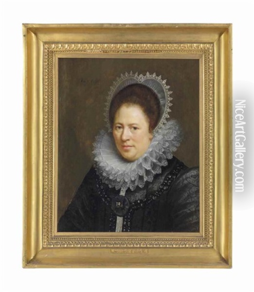Portrait Of A Lady, Bust-length, In A Black Brocade Gown And Cartwheel Ruff Edged With Reticella<br/>lace Oil Painting - Paulus Moreelse