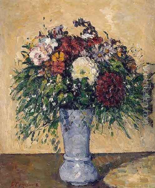 Flowers In A Blue Vase Oil Painting - Paul Cezanne
