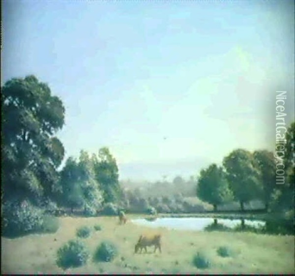 Teichlandschaft Mit Zwei Kuhen Oil Painting - Ernest Emile Armand-Delille