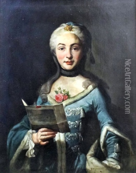 Half Length Portrait Of A Young Woman Wearing Ermine Trimmed Blue Silk Dress And Holding A Letter In Her Right Hand Oil Painting - Jean Marc Nattier