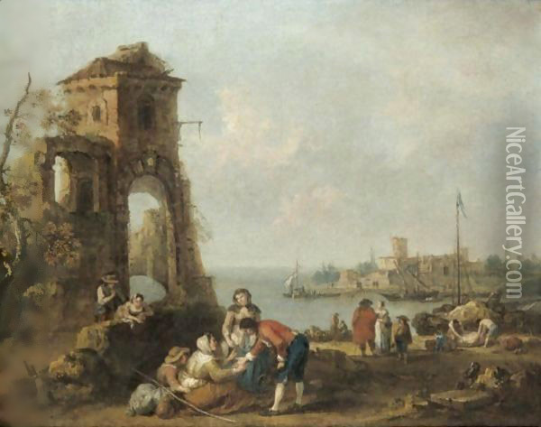 An Architectural Capriccio With Numerous Figures Beside Classical Ruins, A Mediterrenean Harbour Beyond Oil Painting - Francesco Zuccarelli