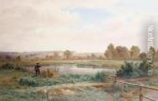 Fishing In A Summer Landscape Oil Painting - Roberto Angelo Kittermaster Marshall