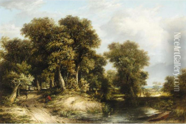 A Wooded River Landscape Oil Painting - James Stark