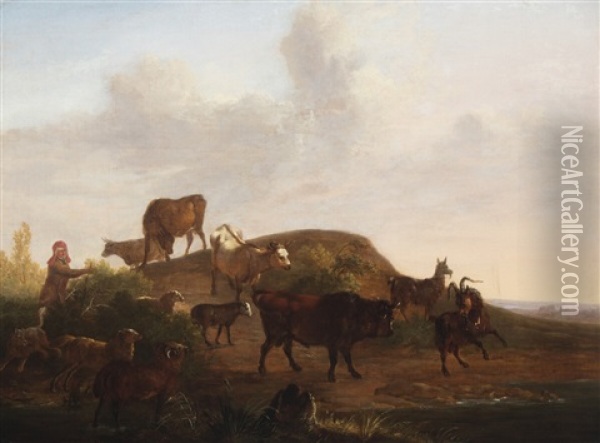 Shepherd With Cattle, Goats And Sheep On The Countryside Oil Painting - Christian David Gebauer