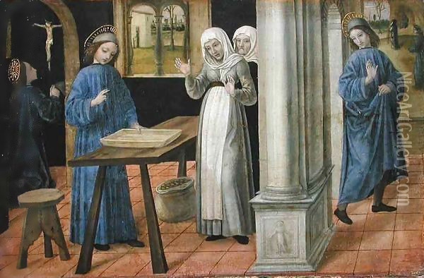 The Prayer, The Miracle of the Sieve and the Departure for Subiaco, predella panel from an altarpiece depicting Scenes from the Life of St. Benedict Oil Painting - Ambrogio da Fossano (Il Bergognone)