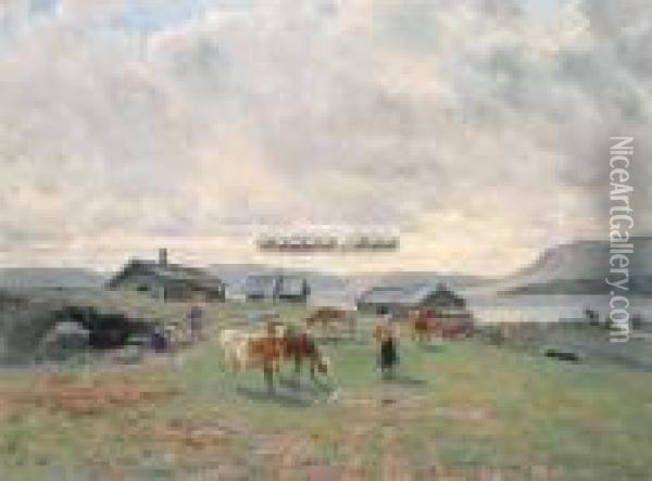 Morgenstemning Pa Holmvassbu Olje Pa Lerret Oil Painting - Christian Eriksen Skredsvig
