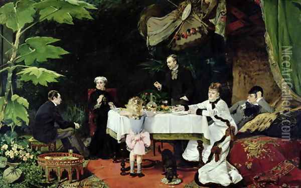 The Luncheon in the Conservatory, 1877 Oil Painting - Louise Abbema