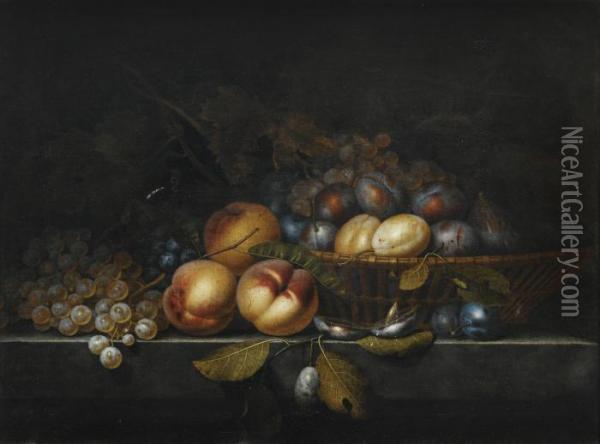 Nature Morte Au Peches, Prunes Et Grappes De Raisin Dans Un Panier Sur Un Entablement Oil Painting - Paul Liegeois