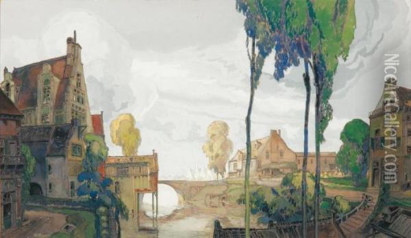 Village Et Canal En Hollande Oil Painting - Georges de Feure