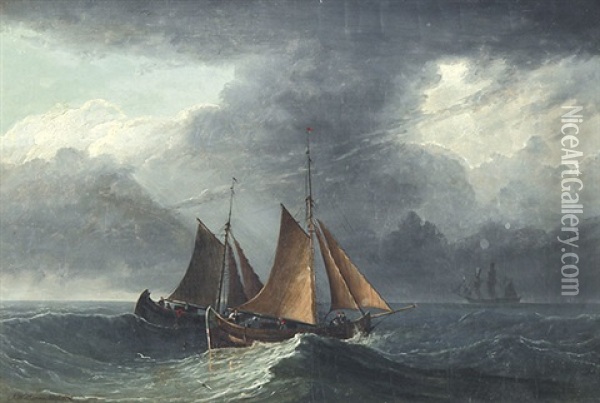 Segelschiffe Bei Unruhiger See, Im Hintergrund Ein Dreimaster Oil Painting - John Wilson Carmichael