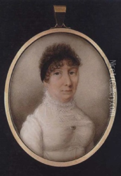 A Lady With Black Bandeau In Her Short Curled Hair, Wearing White Dress With Lace Ruff And Fichu, A Brooch At Her Corsage Oil Painting - Joseph Pastorini