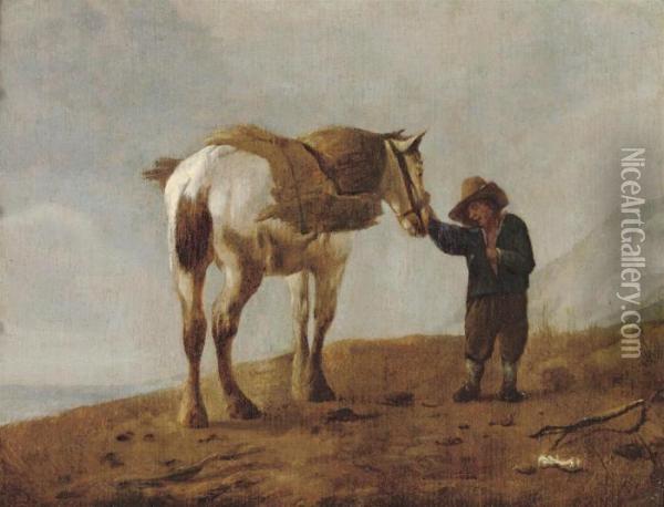A Peasant Attending To A White Horse Oil Painting - Pieter Wouwermans or Wouwerman