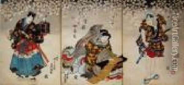 Scena Z Teatru Kabuki - Tryptyk Oil Painting - Kunisada