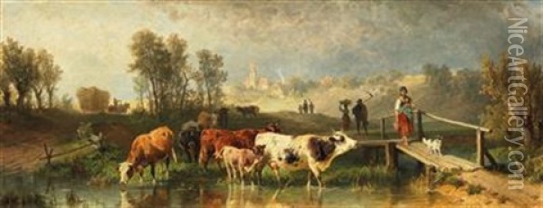 A Shepherdess And Her Cattle Oil Painting - Johann Friedrich Voltz
