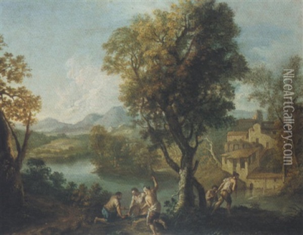 Wooded Landscape With Figures Bathing Oil Painting - Andrea Locatelli