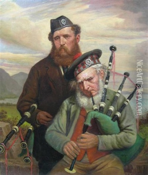 Two Pipers (pipe Major William Ross And His Son?) Oil Painting - Hugh Collins